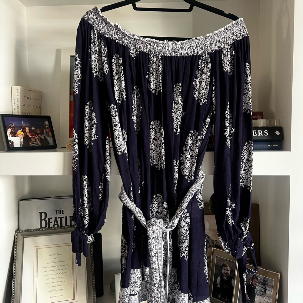 Faithfull the Brand Navy and White Off-Shoulder Mini Dress